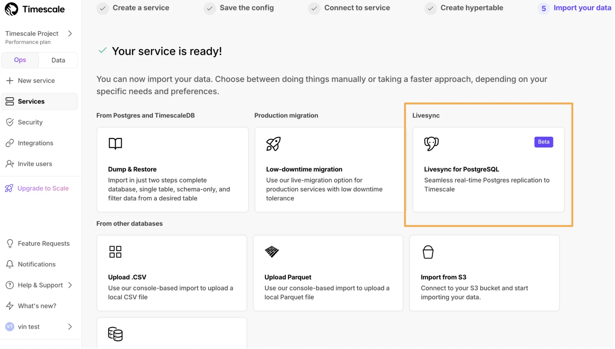 Livesync in Timescale Console
